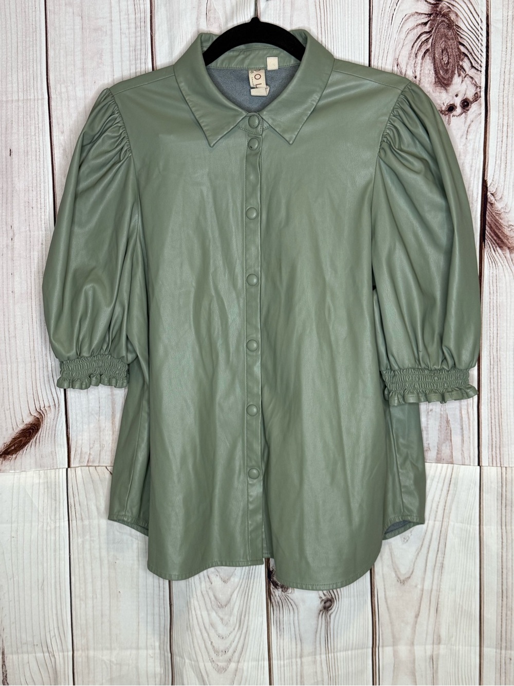 Dolan Sage Green Vegan Leather Puff Sleeve‎ Button Down Top